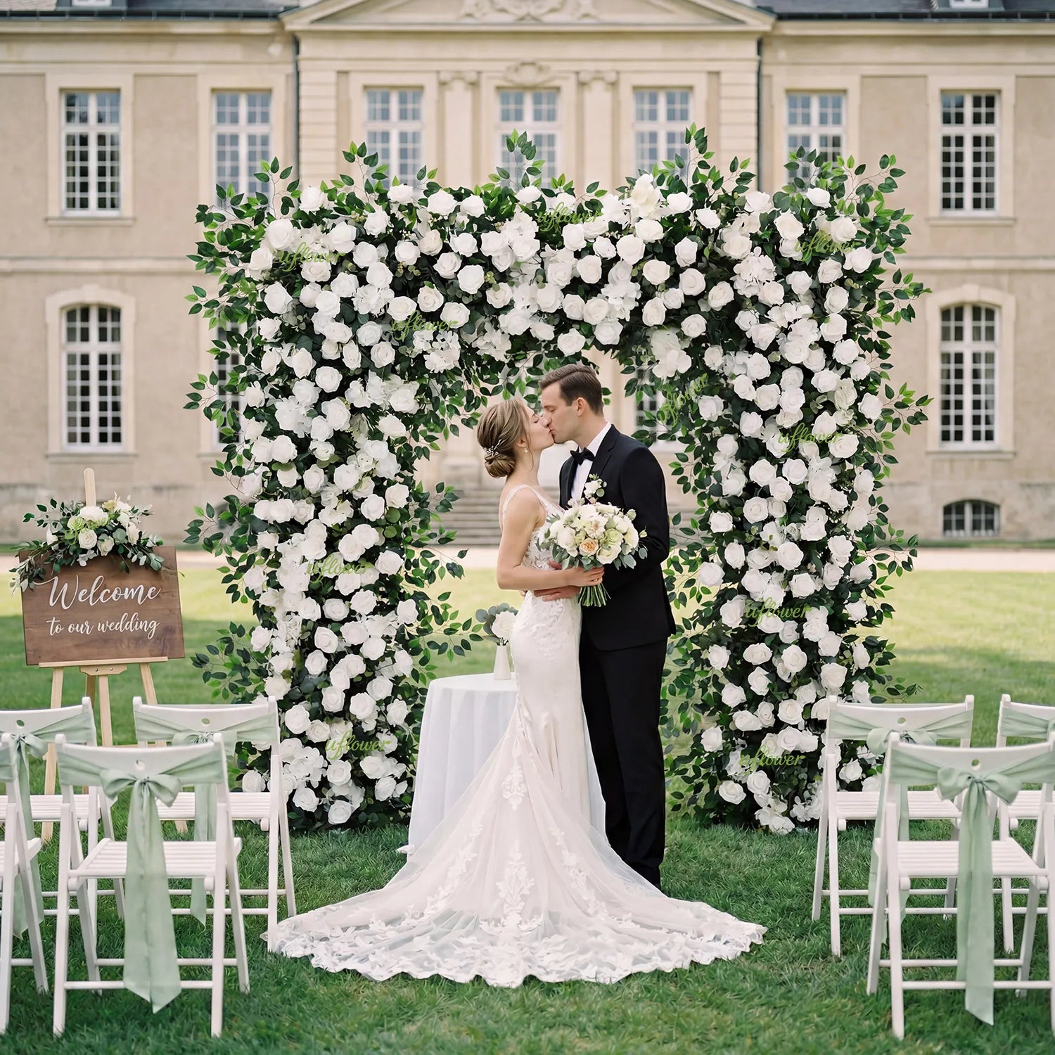 Uflower White Rose Green Leaf Ficus Leaf  Square Floral Arches SET80002