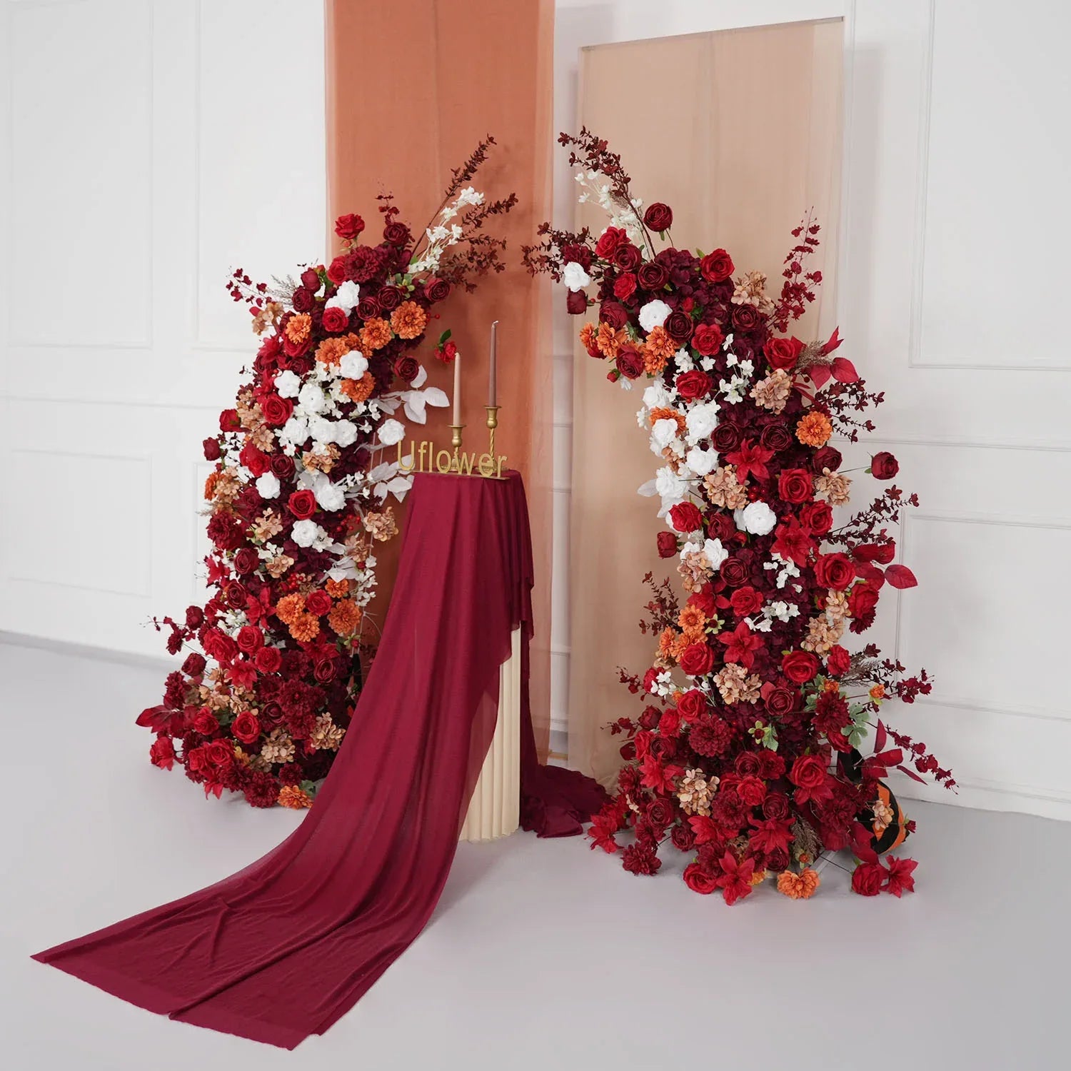 Uflower Autumn Red Rose Floral Arrangement Horn Arch Wedding Backdrop Decor SET80134 - Uflower